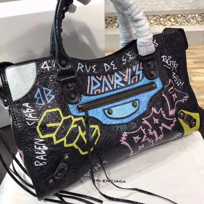 BALENCIAG巴黎世家 Balenciaga city 機車包 限量 原廠爆裂紋羊皮 塗鴉字母 手提肩背斜挎包  BL1697